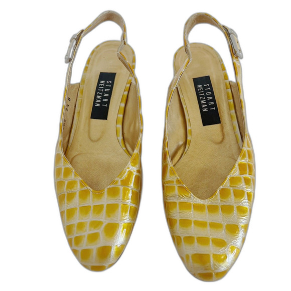 Stuart Weitzman RARE 90s Yellow Crocodile Patent Leather Slingback Size 8.5 - Picture 1 of 7